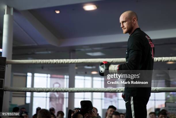 George Groves takes part in a public work out at National Football Museum on February 13, 2018 in Manchester, England.