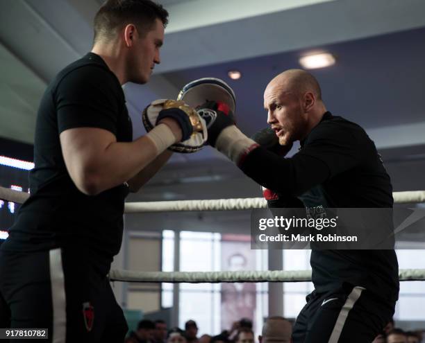 George Groves takes part in a public work out with his trainer Shane McGuigan at National Football Museum on February 13, 2018 in Manchester, England.