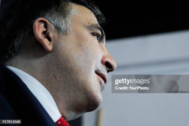 Former president of Georgia and anti-corruption activist Mikheil Saakashvili is seen at a press conference on February 13, 2018. He vowed to get back...