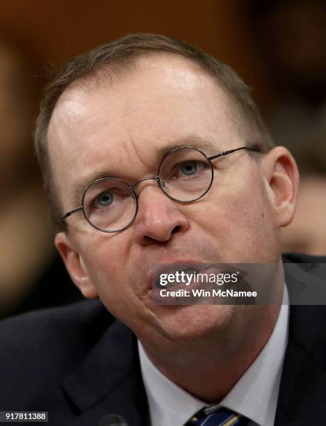 Office of Management and Budget Director Mick Mulvaney testifies before the Senate Budget Committee February 13, 2018 in Washington, DC. Mulvaney...