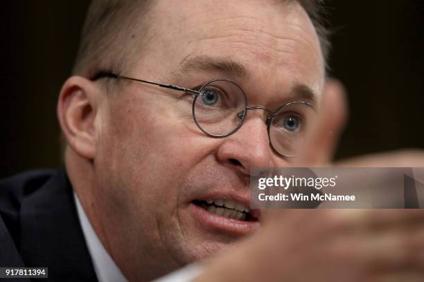 Office of Management and Budget Director Mick Mulvaney testifies before the Senate Budget Committee February 13, 2018 in Washington, DC. Mulvaney...