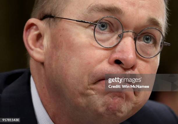 Office of Management and Budget Director Mick Mulvaney testifies before the Senate Budget Committee February 13, 2018 in Washington, DC. Mulvaney...