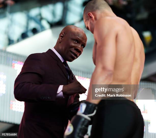 Chris Eubank Jr with his father Chris Eubank Snr during a public work out at National Football Museum on February 13, 2018 in Manchester, England.