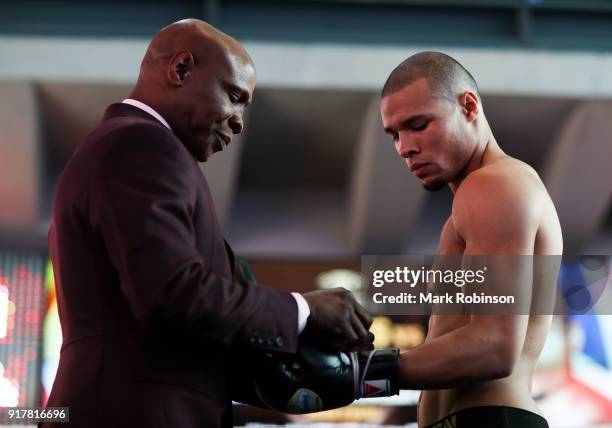 Chris Eubank Jr with his father Chris Eubank Snr during a public work out at National Football Museum on February 13, 2018 in Manchester, England.