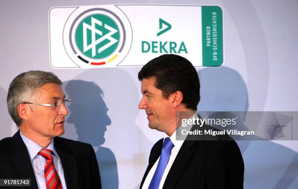 Lutz Michael Froehlich talks to Herbert Fandel prior to the round table on football referees on October 12, 2009 in Munich, Germany.