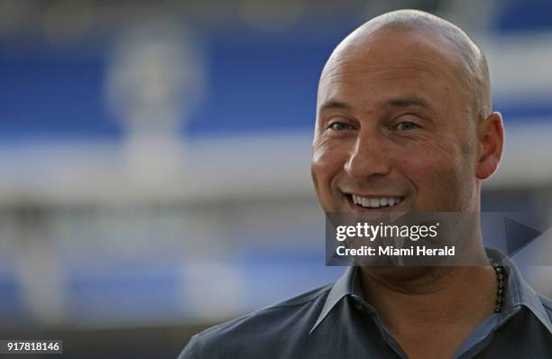 Miami Marlins CEO Derek Jeter talks with the media during a press conference on Tuesday, February 13, 2018 at Marlins Park in Miami, Fla.