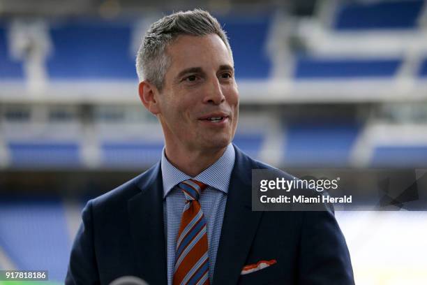 Miami Marlins new President of Business Operations Chip Bowers talks to the media during a press conference on Tuesday, February 13, 2018 at Marlins...