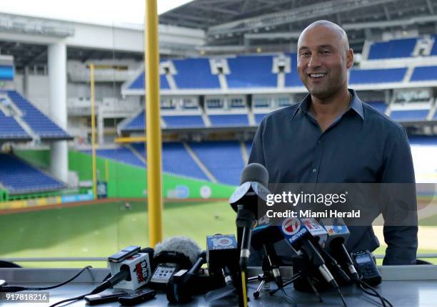 Miami Marlins CEO Derek Jeter talks with the media during a press conference on Tuesday, February 13, 2018 at Marlins Park in Miami, Fla.