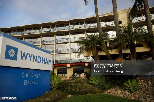 Signage is displayed outside the Wyndham San Diego Bayside hotel in San Diego, California, U.S., on Sunday, Feb. 11, 2018. Wyndham Worldwide Corp. Is...
