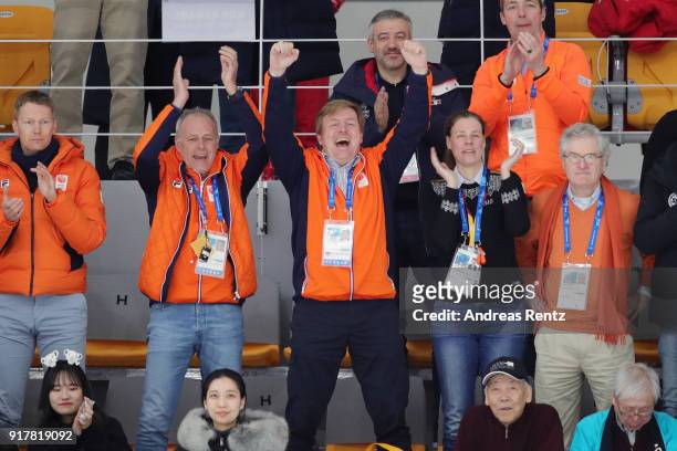King Willem-Alexander of the Netherlands celebrates the Gold medal of Kjeld Nuis of the Netherlands during the Men's 1500m Speed Skating on day four...