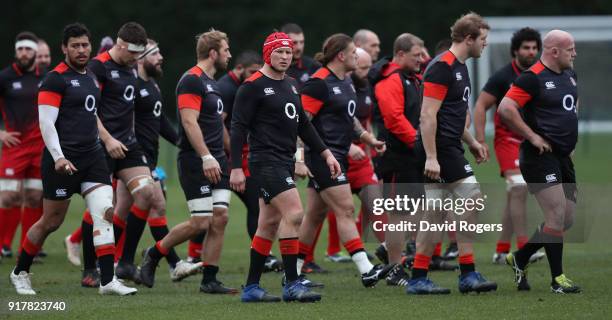 Dylan Hartley, the England captain, walks off after scrummaging against the Georgia national rugby team during the England training session held at...