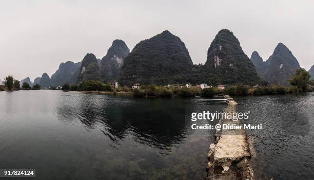 panorama of the yulong river and its famous karst formation near yangshuo in china - karst formation stockfoto's en -beelden
