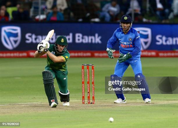 David Miller of South Africa and Mahendra Singh Dhoni of India during the 5th Momentum ODI match between South Africa and India at St Georges Park on...