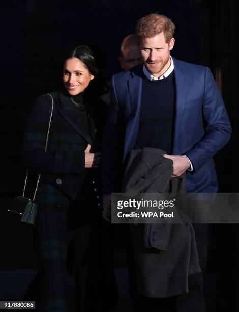 Prince Harry and Meghan Markle leave a reception for young people at the Palace of Holyroodhouse on February 13, 2018 in Edinburgh, Scotland.