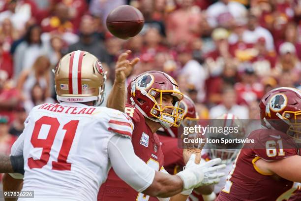 Washington Redskins quarterback Kirk Cousins throws the football during a NFL football game between the San Francisco 49ers and the Washington...
