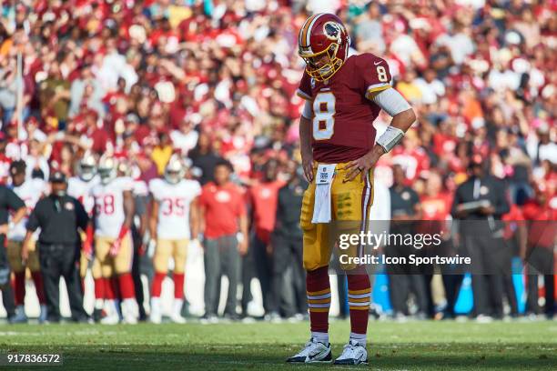 Washington Redskins quarterback Kirk Cousins reacts after a play during a NFL football game between the San Francisco 49ers and the Washington...