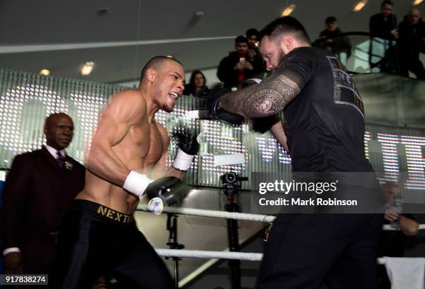 Chris Eubank Jr with his father Chris Eubank Snr during a public work out at National Football Museum on February 13, 2018 in Manchester, England.