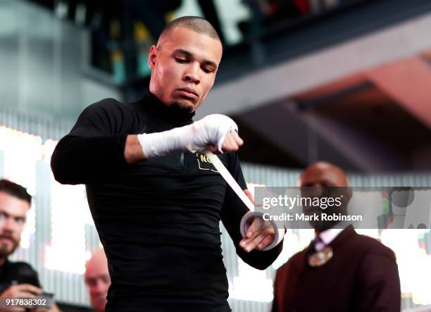 Chris Eubank Jr with his father Chris Eubank Snr during a public work out at National Football Museum on February 13, 2018 in Manchester, England.