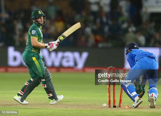 David Miller of South Africa loses his wicket during the 5th Momentum ODI match between South Africa and India at St Georges Park on February 13,...