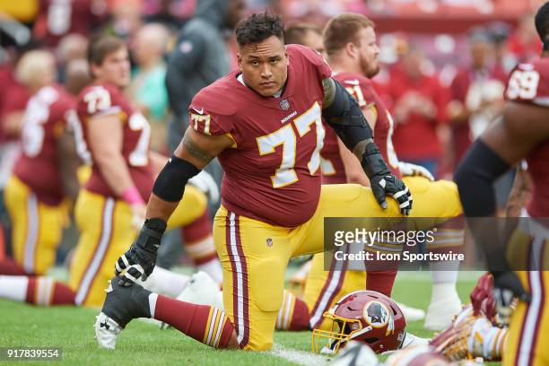 Washington Redskins offensive guard Shawn Lauvao looks on during a NFL football game between the San Francisco 49ers and the Washington Redskins on...