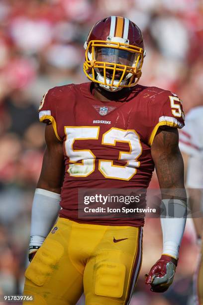 Washington Redskins linebacker Zach Brown looks on during a NFL football game between the San Francisco 49ers and the Washington Redskins on October...