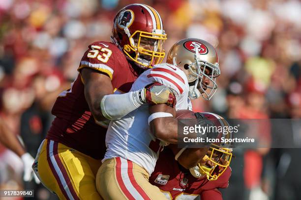 San Francisco 49ers wide receiver Pierre Garcon battles with Washington Redskins linebacker Zach Brown and Washington Redskins defensive back D.J....