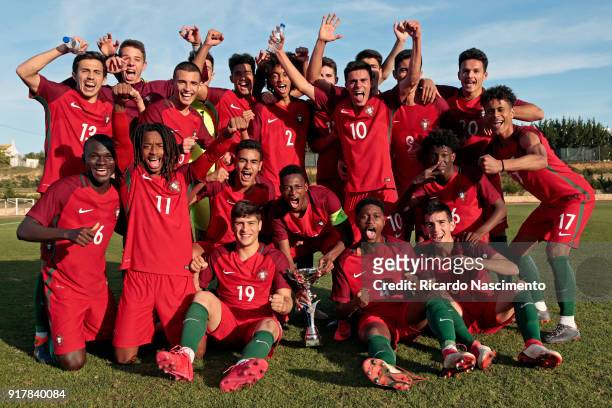 Players of Portugal U17 celebrate their victory with the cup at the end of the U17-Juniors Algarve Cup match between U17 Portugal and U17 Germany at...
