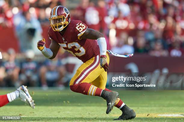 Washington Redskins linebacker Zach Brown looks to battle in action during a NFL football game between the San Francisco 49ers and the Washington...