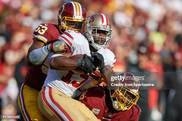 San Francisco 49ers wide receiver Pierre Garcon battles with Washington Redskins linebacker Zach Brown and Washington Redskins defensive back D.J....