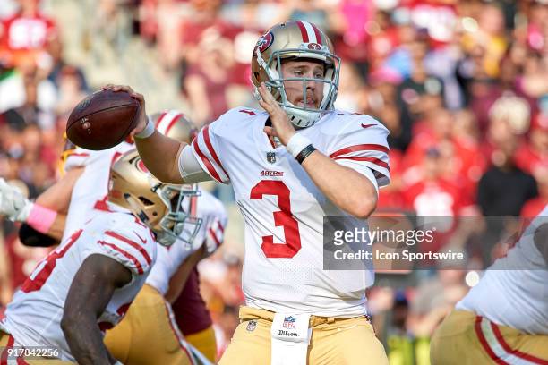 San Francisco 49ers quarterback C.J. Beathard throws the football during a NFL football game between the San Francisco 49ers and the Washington...