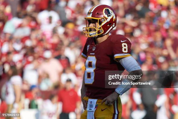 Washington Redskins quarterback Kirk Cousins looks on during a NFL football game between the San Francisco 49ers and the Washington Redskins on...