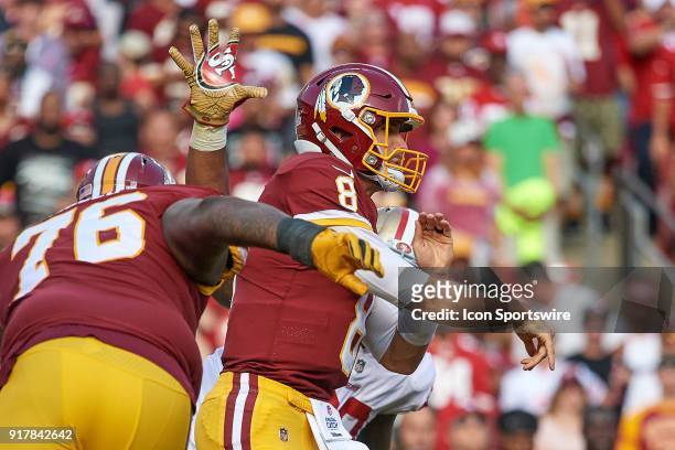 Washington Redskins quarterback Kirk Cousins throws the football during a NFL football game between the San Francisco 49ers and the Washington...