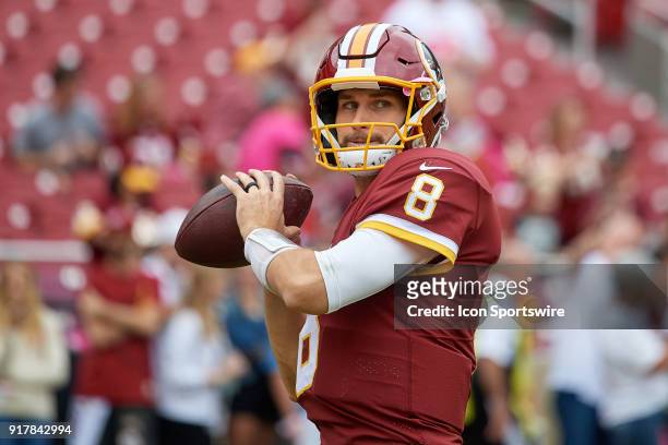 Washington Redskins quarterback Kirk Cousins warms up prior to the start of a NFL football game between the San Francisco 49ers and the Washington...