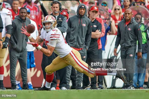 San Francisco 49ers tight end George Kittle looks to catch the football during a NFL football game between the San Francisco 49ers and the Washington...
