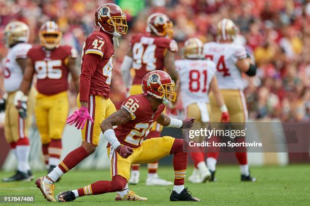 Washington Redskins cornerback Quinton Dunbar and Washington Redskins defensive back Bashaud Breeland celebrates after a play during a NFL football...