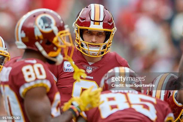 Washington Redskins quarterback Kirk Cousins looks on during a NFL football game between the San Francisco 49ers and the Washington Redskins on...
