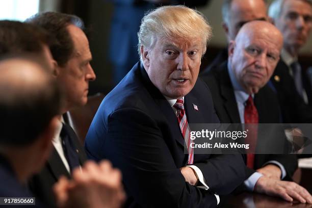 President Donald Trump speaks during a meeting with congressional members in the Cabinet Room of the White House February 13, 2018 in Washington, DC....