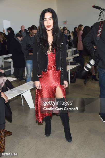 Blogger Bethany Ciotola attends the Badgley Mischka fashion show during New York Fashion Week at Gallery I at Spring Studios on February 13, 2018 in...