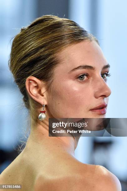 Sanne Vloet walks the runway at Badgley Mischka fashion show during New York Fashion Week at Gallery I at Spring Studios on February 13, 2018 in New...