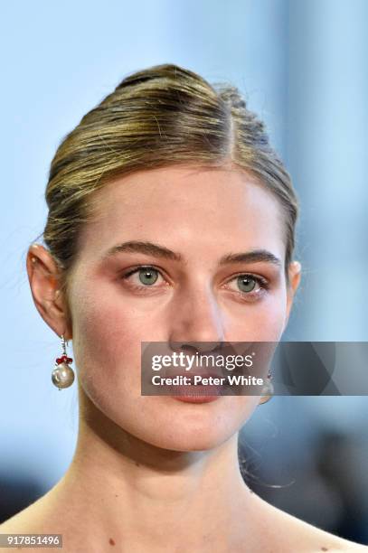 Sanne Vloet walks the runway at Badgley Mischka fashion show during New York Fashion Week at Gallery I at Spring Studios on February 13, 2018 in New...