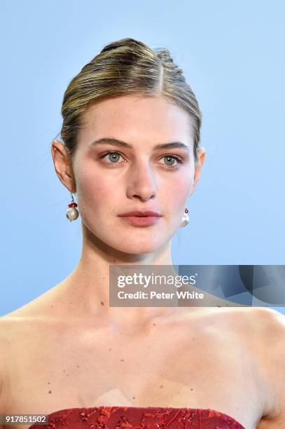 Sanne Vloet walks the runway at Badgley Mischka fashion show during New York Fashion Week at Gallery I at Spring Studios on February 13, 2018 in New...