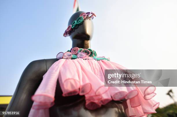 Dresses made with condoms displayed as people gather to observe the International Condom Day 2018, an event organized by Aids Health care Foundation...