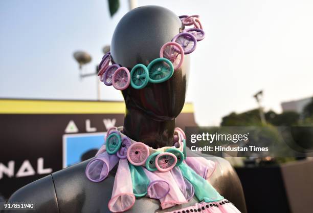 Dresses made with condoms displayed as people gather to observe the International Condom Day 2018, an event organized by Aids Health care Foundation...