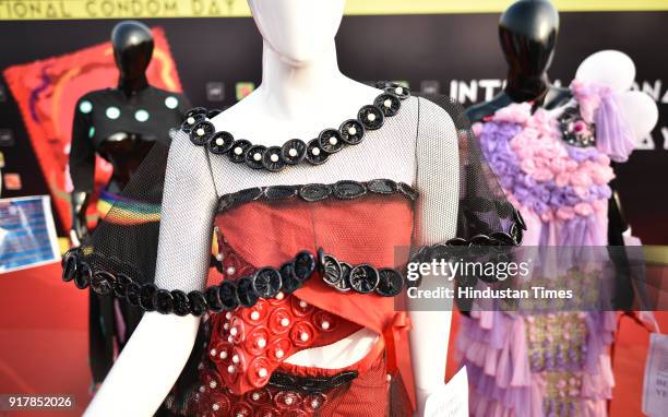 Dresses made with condoms displayed as people gather to observe the International Condom Day 2018, an event organized by Aids Health care Foundation...