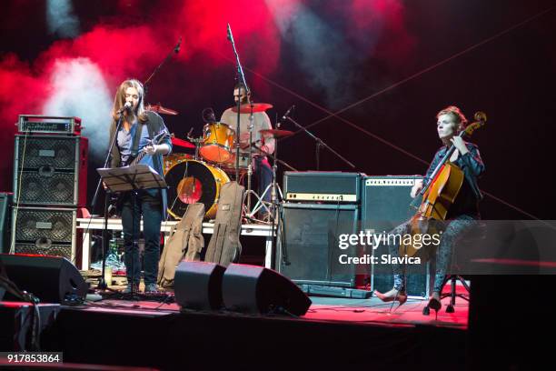 rock band playing on the stage - concert stage speakers stock pictures, royalty-free photos & images