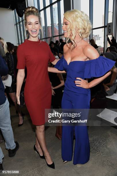 Olivia Jordan and Gigi Gorgeous attend the Badgley Mischka fashion show during New York Fashion Week at Gallery I at Spring Studios on February 13,...