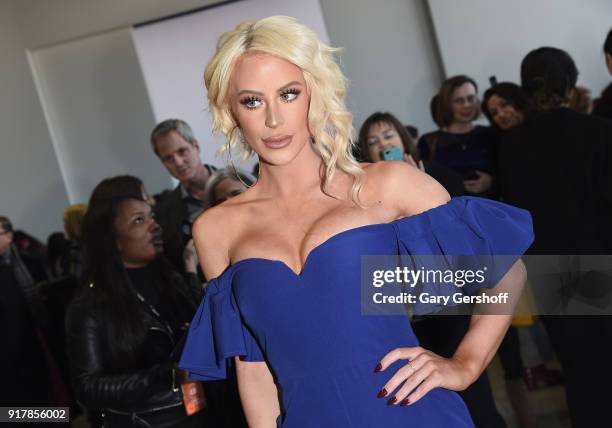 Gigi Gorgeous attends the Badgley Mischka fashion show during New York Fashion Week at Gallery I at Spring Studios on February 13, 2018 in New York...