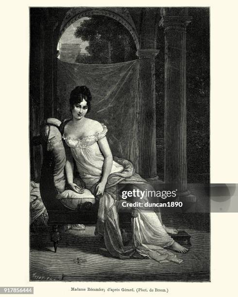 ilustraciones, imágenes clip art, dibujos animados e iconos de stock de retrato de madame recamier, francés del siglo xix - belleza de sociedad