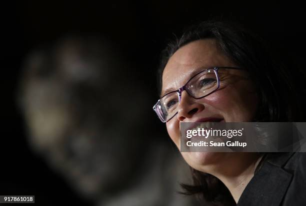 Andrea Nahles, head of the Bundestag faction of the German Social Democrats , speaks to the media following the resignation of party leader Martin...