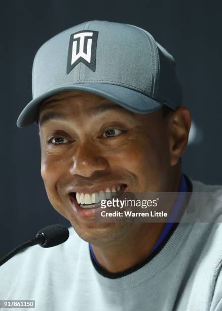 Tiger Woods of the USA addresses a press conference ahead of the Genesis Open at the Riviera Country Club on February 13, 2018 in Pacific Palisades,...